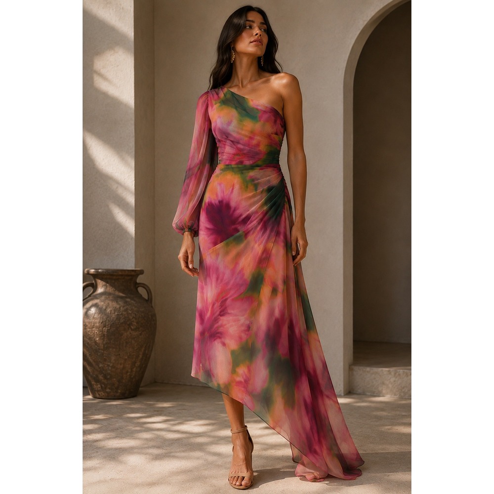 NWT Misa Los Angeles Athena One Shoulder Watercolor Maxi Dress (MSRP: $440)  XS